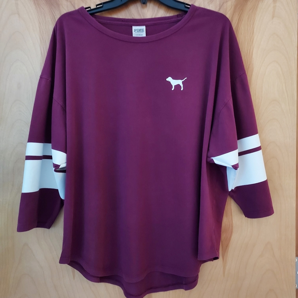 PINK Victoria's Secret Maroon Long Sleeve Tee with White Stripes